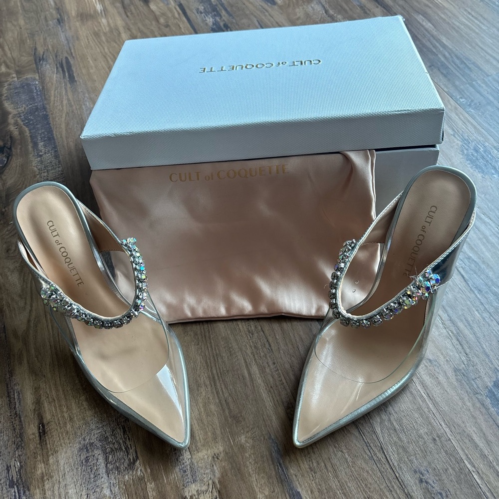 Nude Patent Pointed Toe Slingback Heels with Crystal Strap